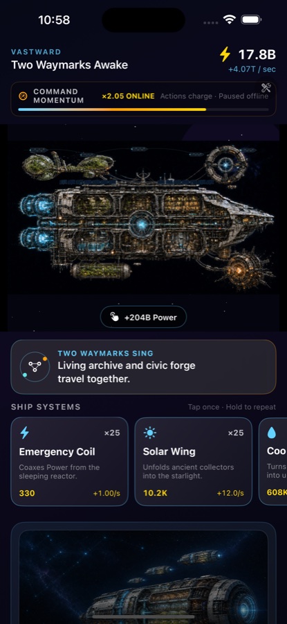 Vastward gameplay showing a mature generation ship, Command Momentum, and upgrade systems on iPhone.