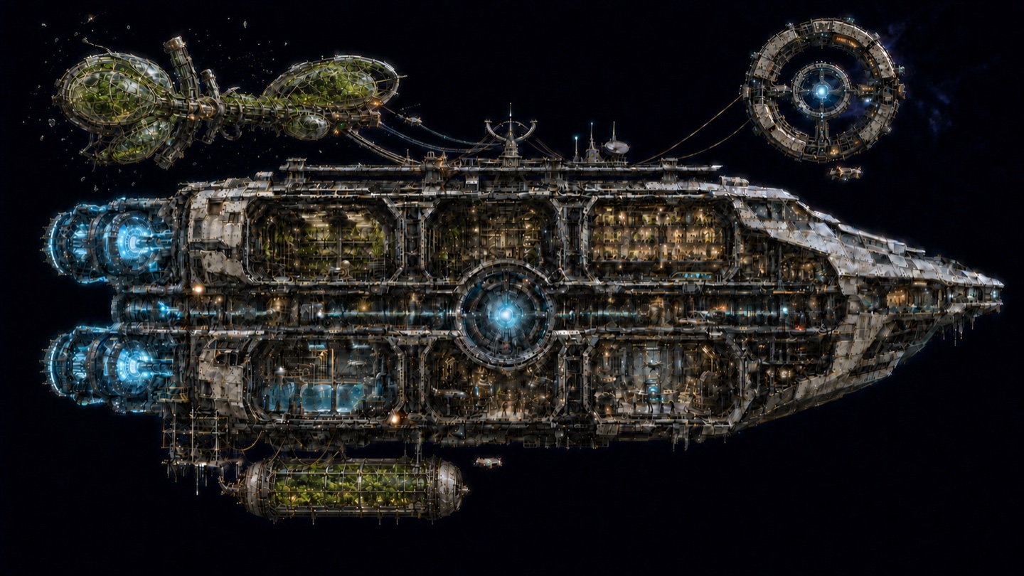 The generation ship with a newly awakened glass orchard growing from its hull.